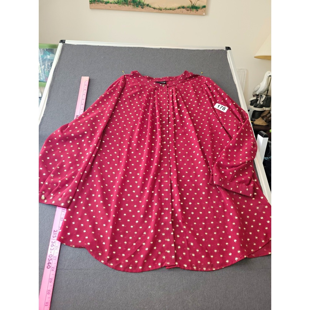 Liz Claiborne Womens 1X Red/Gold Polka Dot Round Neck Long Sleeve Sheer Blouse